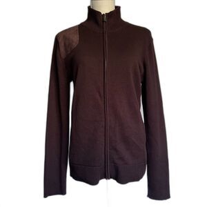 Lauren Ralph Lauren Sweater Large Brown Full Zip Equestrian Shooter Suede Patch